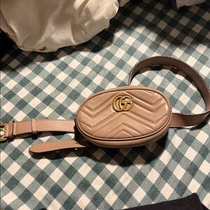 Gucci Taupe double G Marmont Belt Bag with Gold Logo